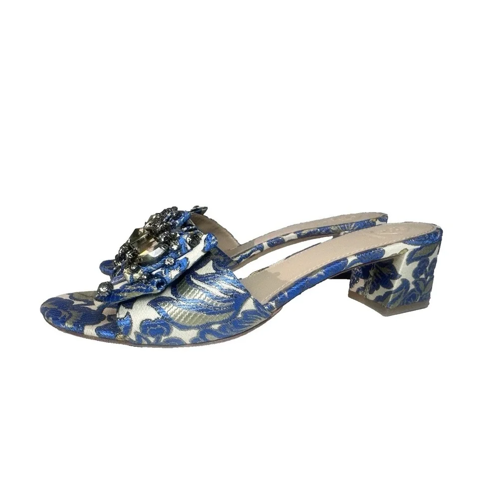Tory Burch Women's 9 M Valentina Blue Metallic Brocade Crystal Bow Heel Sandals